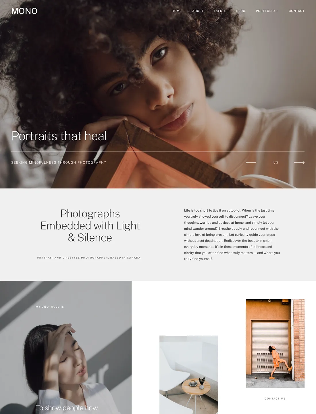 Lifestyle and portrait photography website with a calming, editorial aesthetic and expressive close-up imagery of diverse subjects.