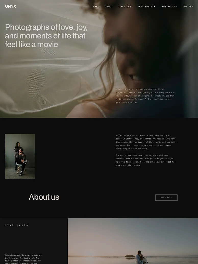 Cinematic wedding and couples photography website theme with intimate, emotive portraits and film-inspired visuals.