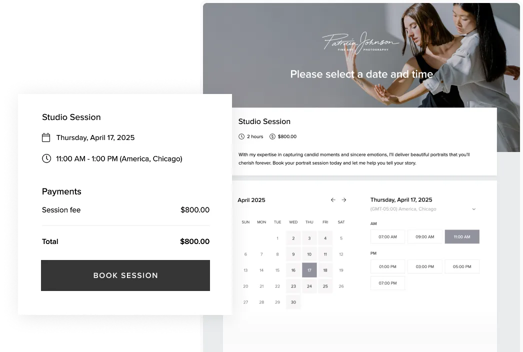 Pixieset booking and payment software lets photographers schedule sessions, take deposits, and manage availability online, as shown with a studio calendar for engagement photo sessions.