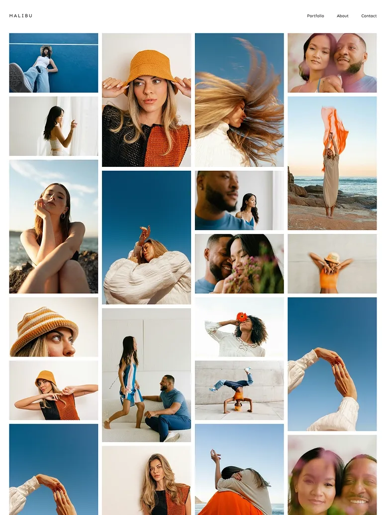 Modern lifestyle photography portfolio website template showcasing vibrant portraits, couples sessions, and creative outdoor imagery for photographers.