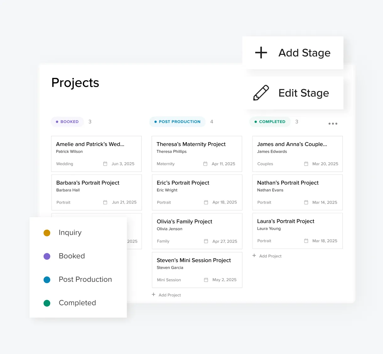 This project management board shows the photographer booked, post-production, and completed client sessions. Made with Pixieset Studio Manager.