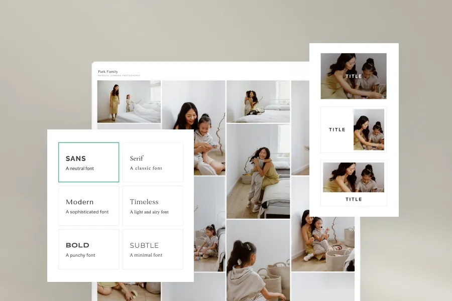 Lifestyle photo gallery layout with font style options and title placement previews, demonstrating Pixieset’s customizable gallery design tools.
