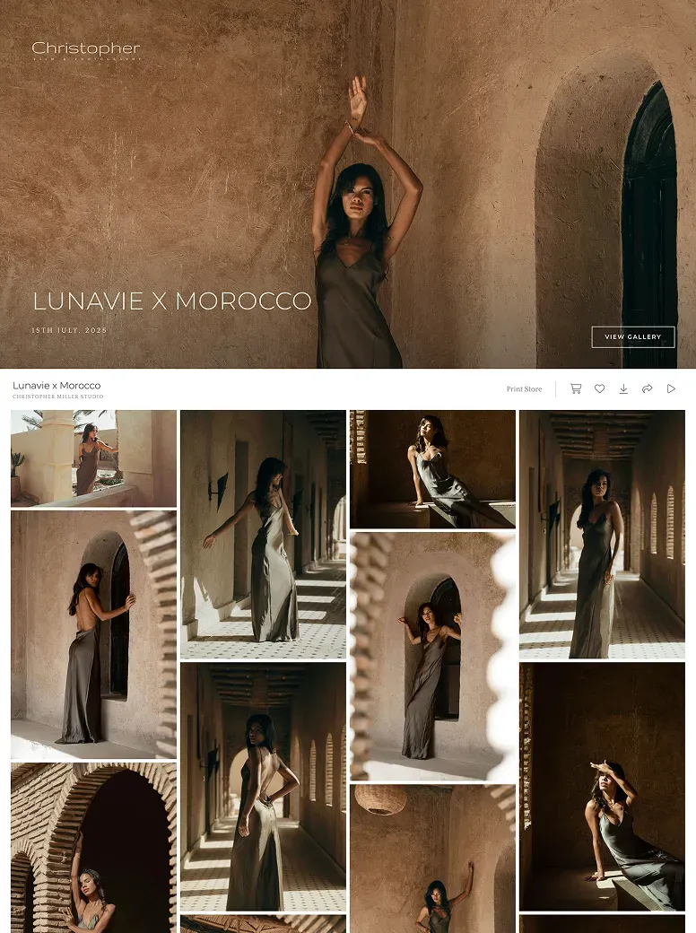 Fashion editorial photography for Lunavie in Morocco with elegant dresses, textured architecture, and golden desert light.