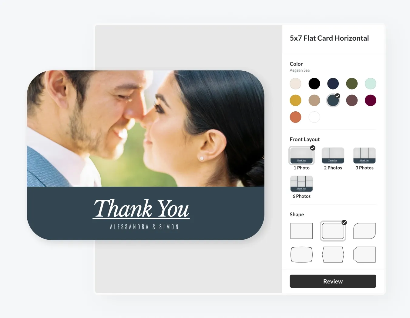 Pixieset Store lets photographers offer customizable wedding thank you cards, like this design tool with options to adjust layout, colors, shapes, and photo placements.