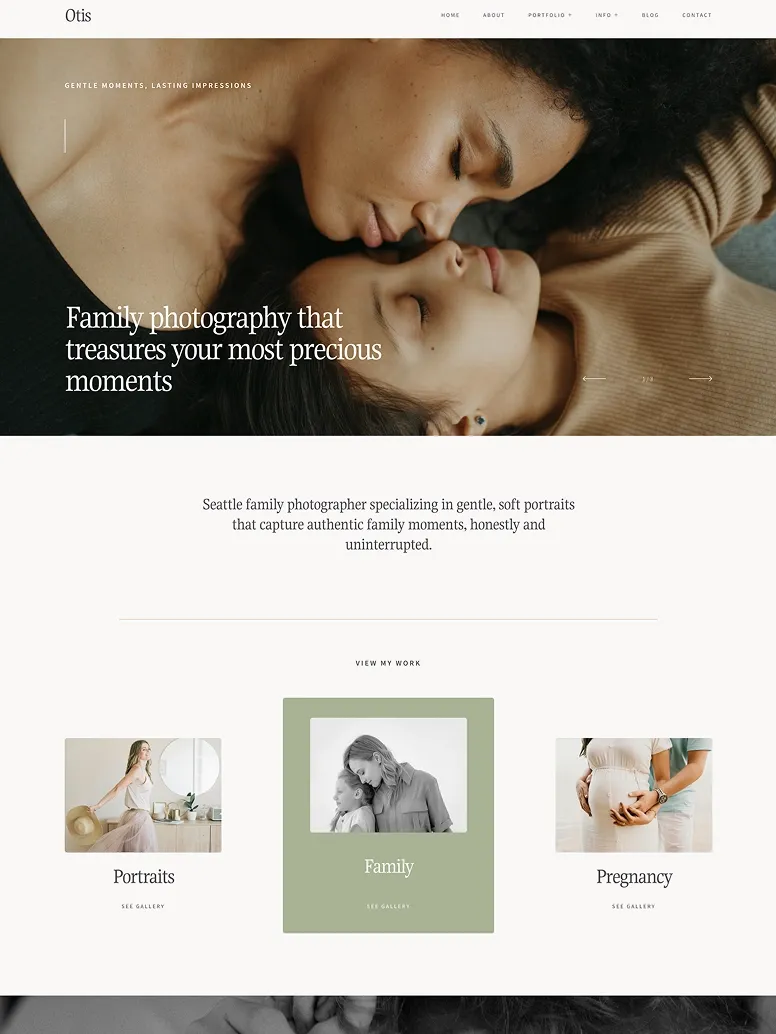 Family photography website template with soft, natural portraits capturing love, connection, and authentic family moments.