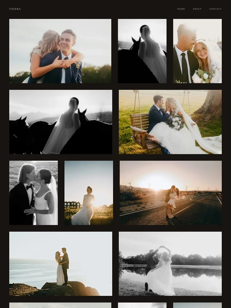 Romantic wedding photography portfolio website featuring outdoor couple portraits, rustic countryside weddings, and golden hour bridal sessions.