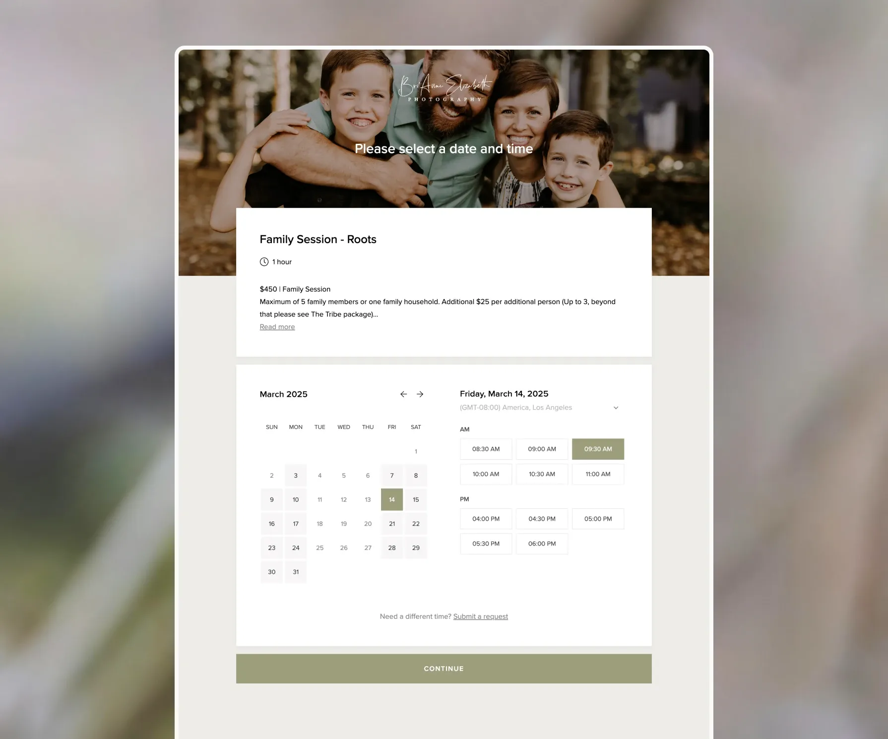 Family photo session booking calendar showing availability for Roots package with personalized scheduling and booking options.