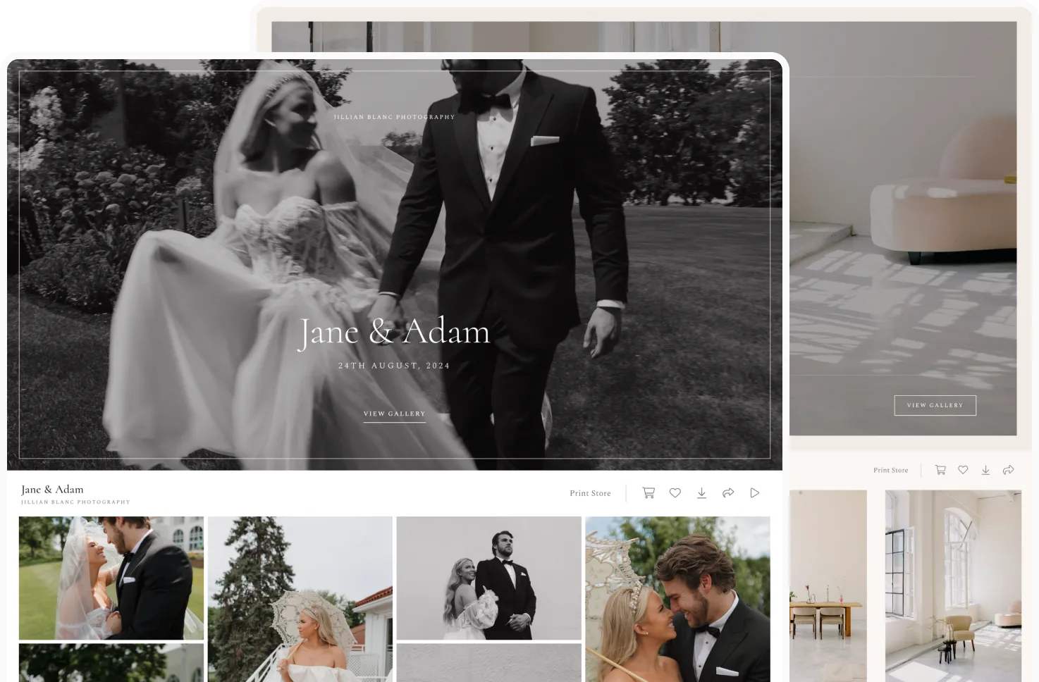 Pixieset Client Gallery enables photographers to share, proof, and sell in stunning online galleries, such as this black-and-white wedding shoot with Jane & Adam.