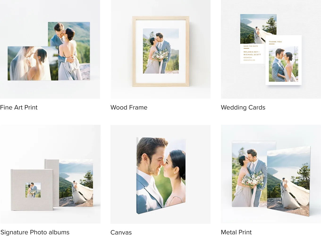 Pixieset Store helps photographers sell more wedding prints and keepsakes online, like this product display featuring gallery frames, albums, cards, canvases, and metal wall art