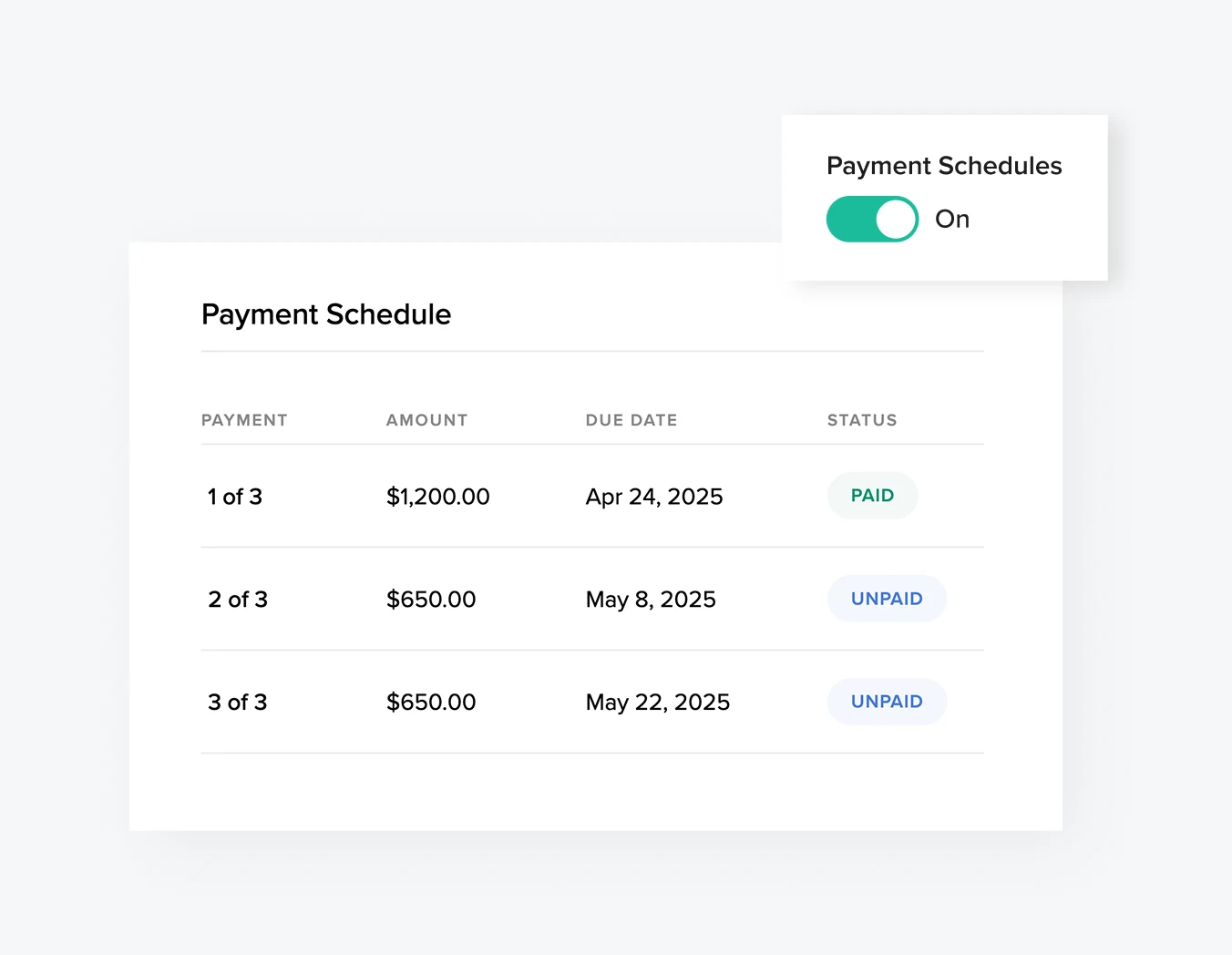 Reduce the need for follow-ups by setting payment dates upfront, like in this Pixieset payment schedule view showing installment plan with paid and unpaid statuses for photography services
