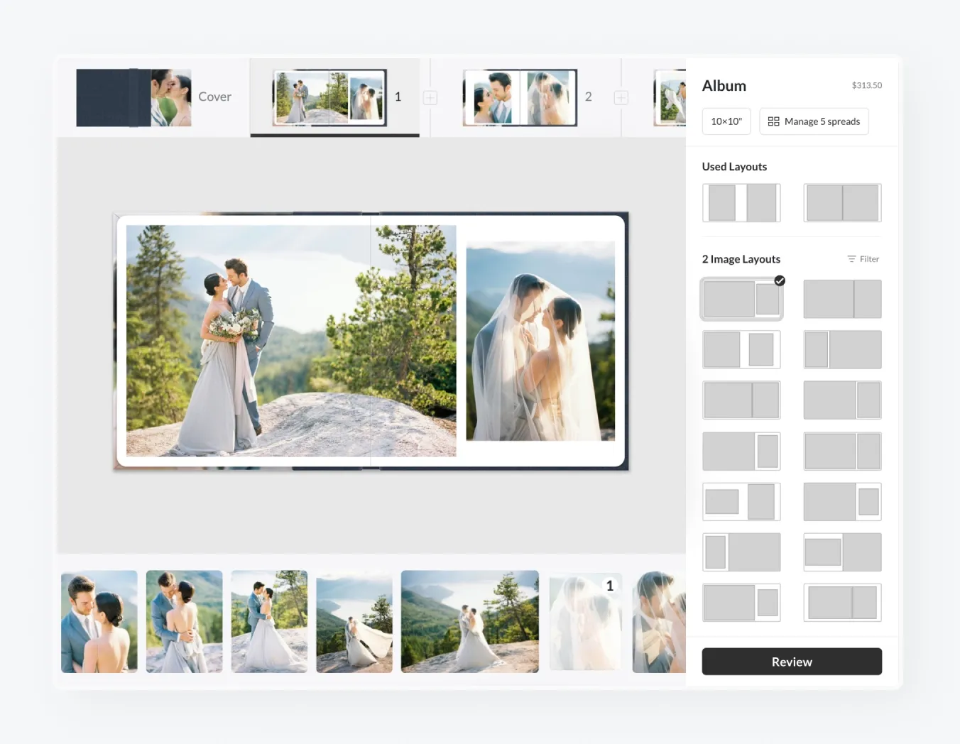 Pixieset Album Builder enables photographers to design professional wedding albums with drag-and-drop layouts, like this interface customizing photo spreads for a bridal album.