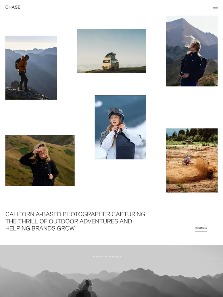 Outdoor adventure photography website theme showcasing mountain landscapes, action sports, and lifestyle brand imagery.