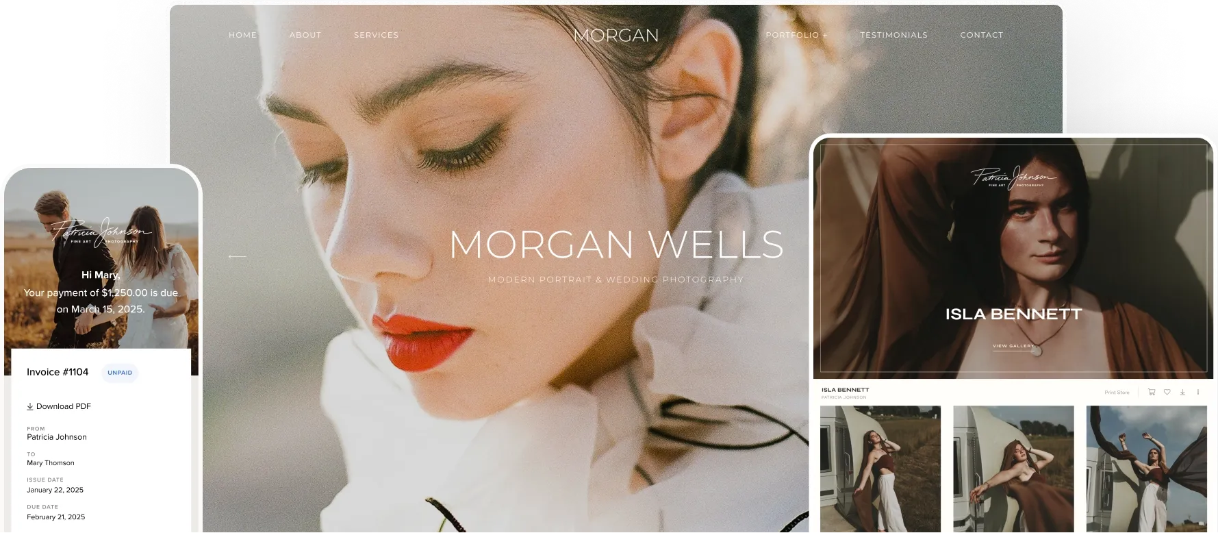 Mobile and desktop previews of portrait and wedding photographer websites, highlighting client invoicing, modern editorial style, and online gallery presentation.