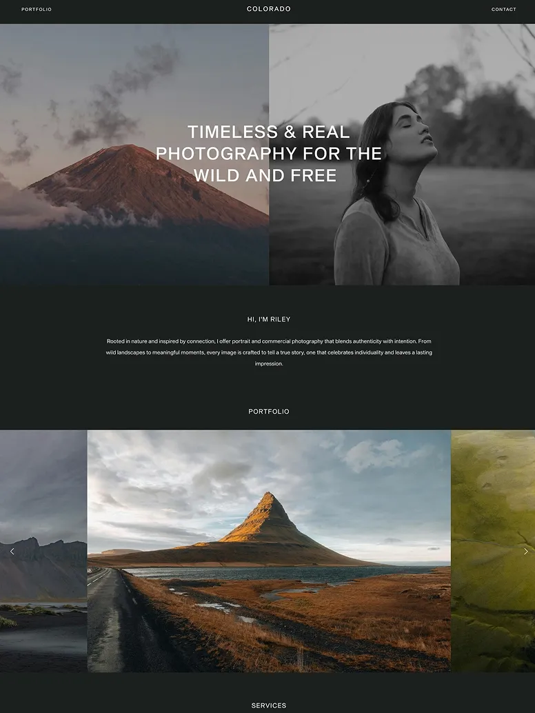 Travel photography website theme with dramatic mountain vistas, scenic landscapes, and nature-focused storytelling design.
