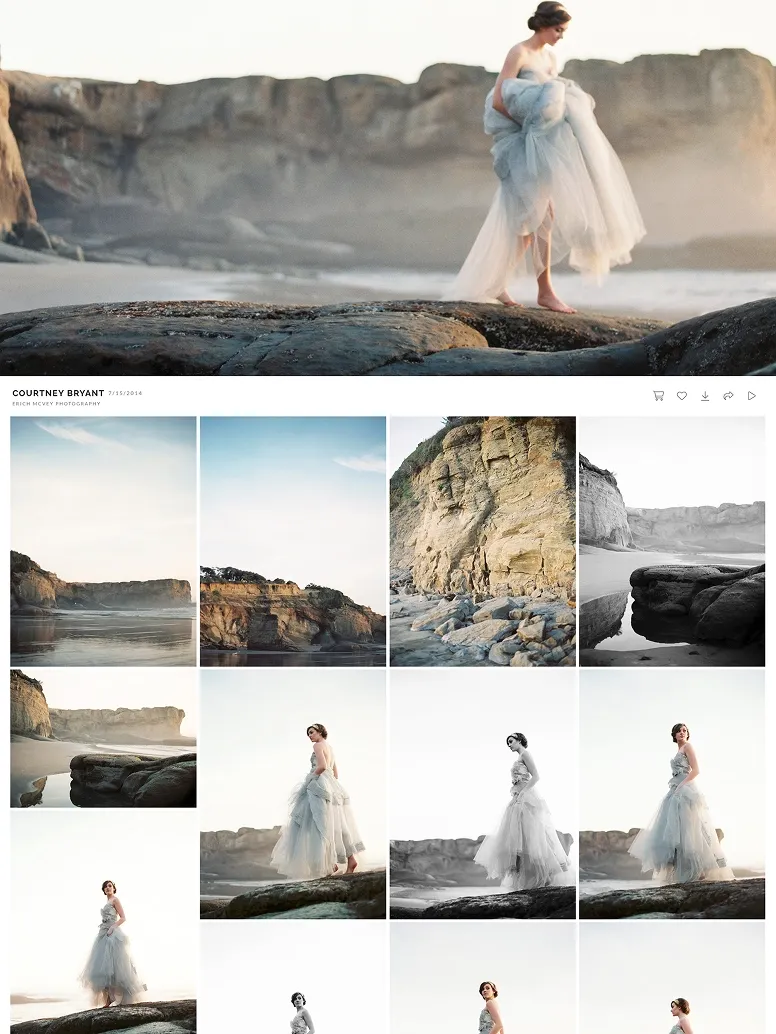 Editorial beach photography of Courtney Bryant in a flowing tulle gown among coastal rock formations at sunset.