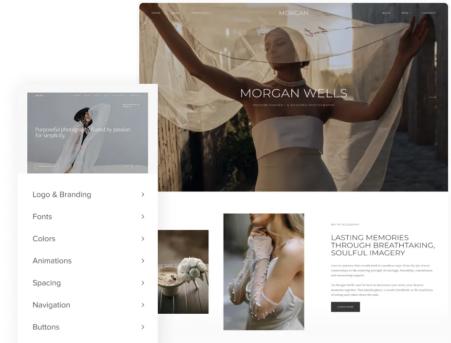 Pixieset helps photographers launch beautiful websites, portfolios, and blogs with customizable branding, like this elegant site for Morgan Wells featuring timeless wedding photography.