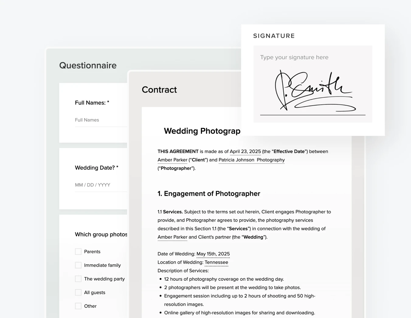 Digital wedding photography contract and questionnaire with signature field for client onboarding