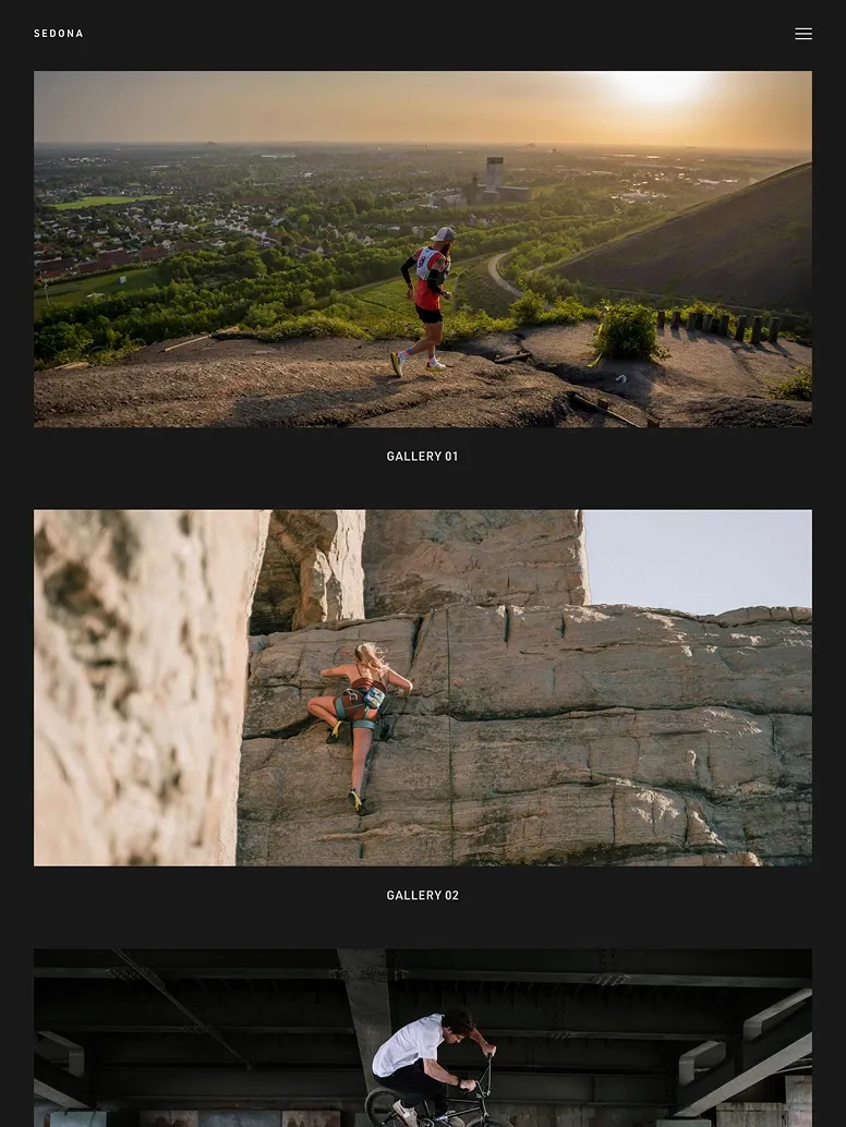Adventure and sports photography website theme with dynamic trail running, rock climbing, and BMX action imagery in natural landscapes.