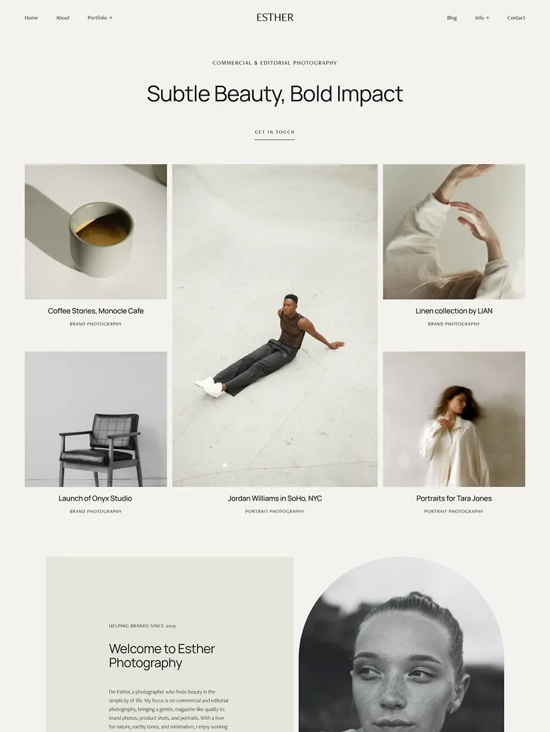 Contemporary commercial and editorial photography website theme with minimalist product styling, fashion portraits, and clean typography.