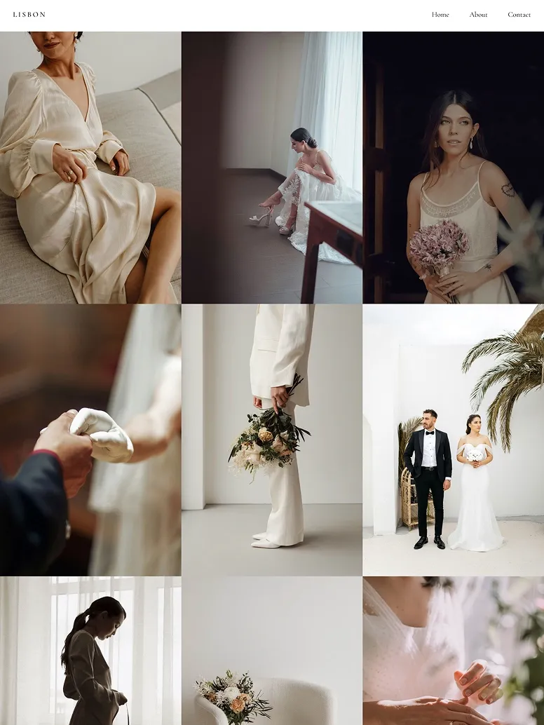 Modern wedding photography website theme with editorial-style bridal portraits, candid wedding moments, and minimalist neutral backgrounds.
