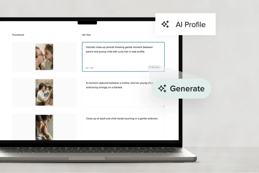 Laptop screen displaying Pixieset's AI Profile feature with alt text generation for family portraits, highlighting a workflow for photographers to quickly create descriptive image captions