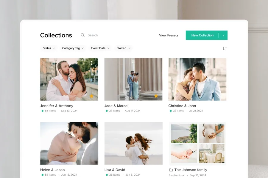 Pixieset Collections dashboard with multiple client photo galleries organized by couple names, dates, and collection status filters.