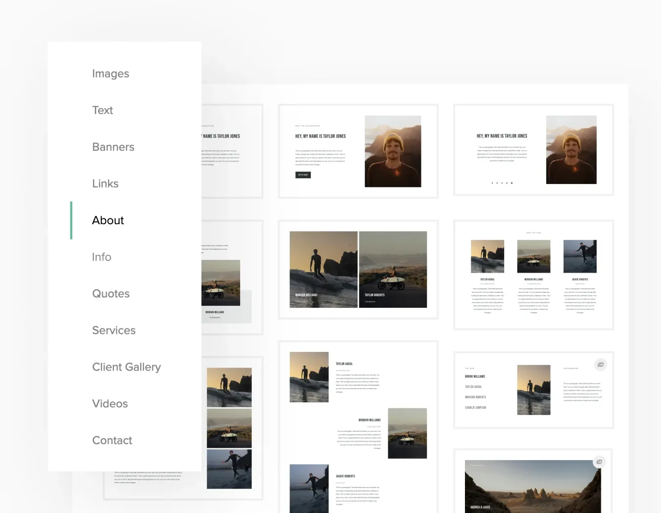 Select from Pixieset's extensive content block library, making it easy to build pages like these about pages, photo grids, and client galleries.