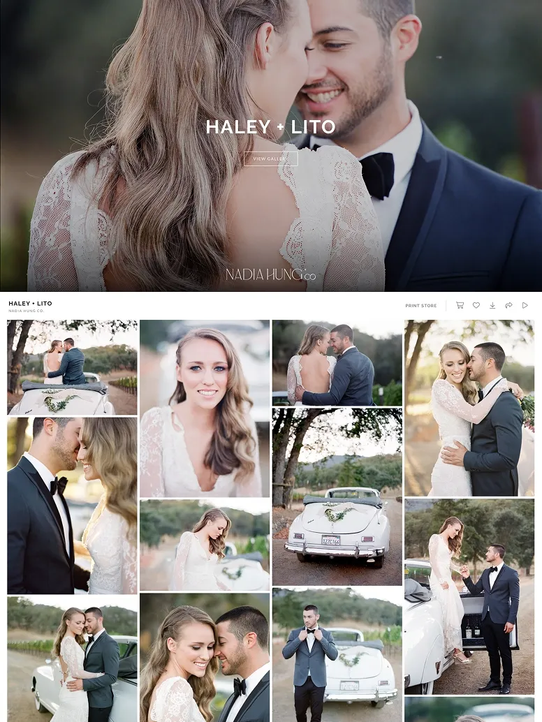 Romantic wedding photography of Haley and Lito with vineyard backdrops, classic convertible, and intimate sunset portraits.