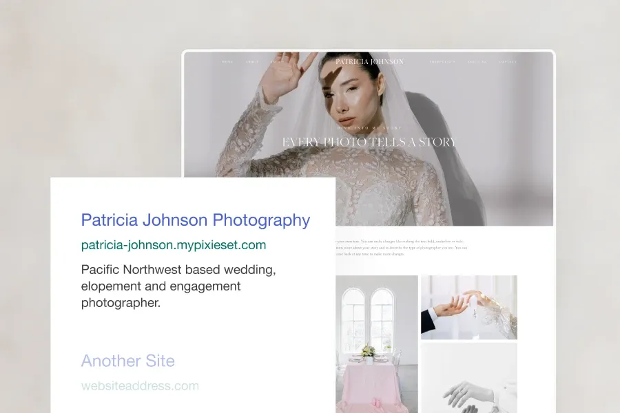 Pixieset website preview highlighting custom domain and SEO-friendly branding for a wedding photographer