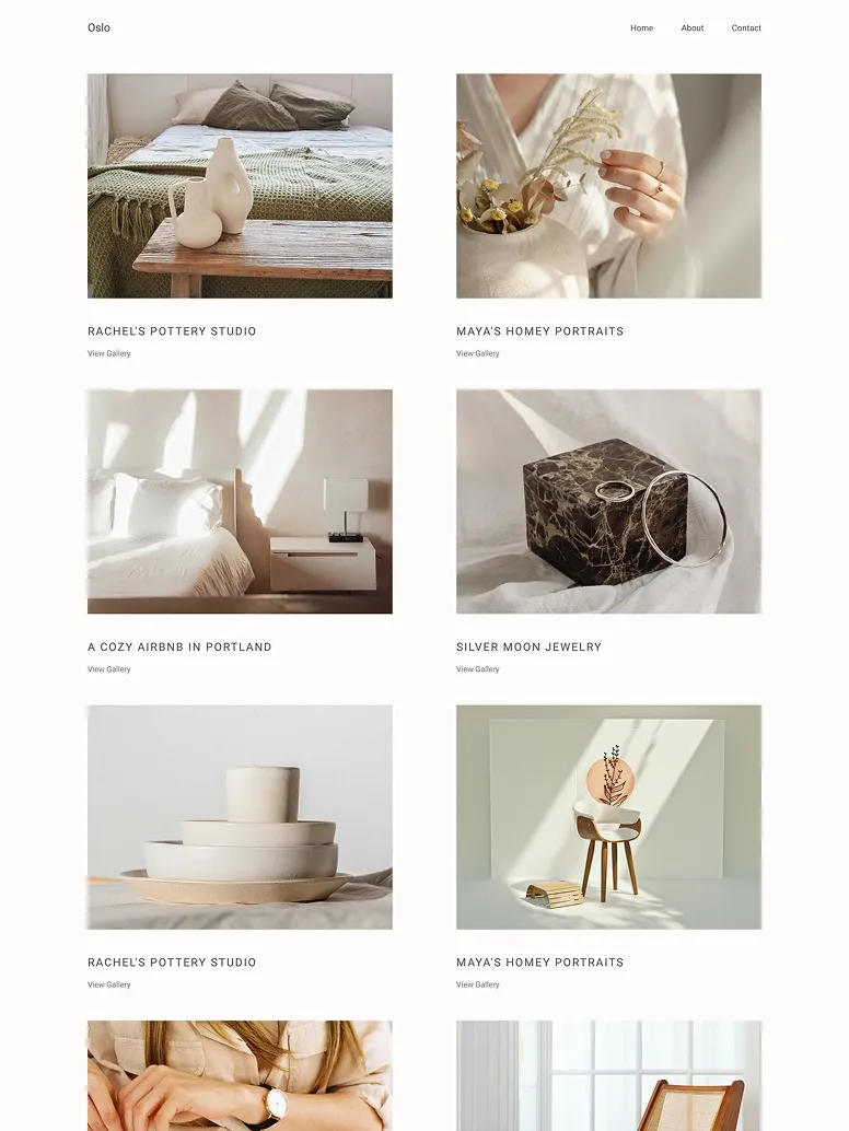 Clean, modern photography portfolio website for lifestyle, product, and interior photographers with natural light imagery.