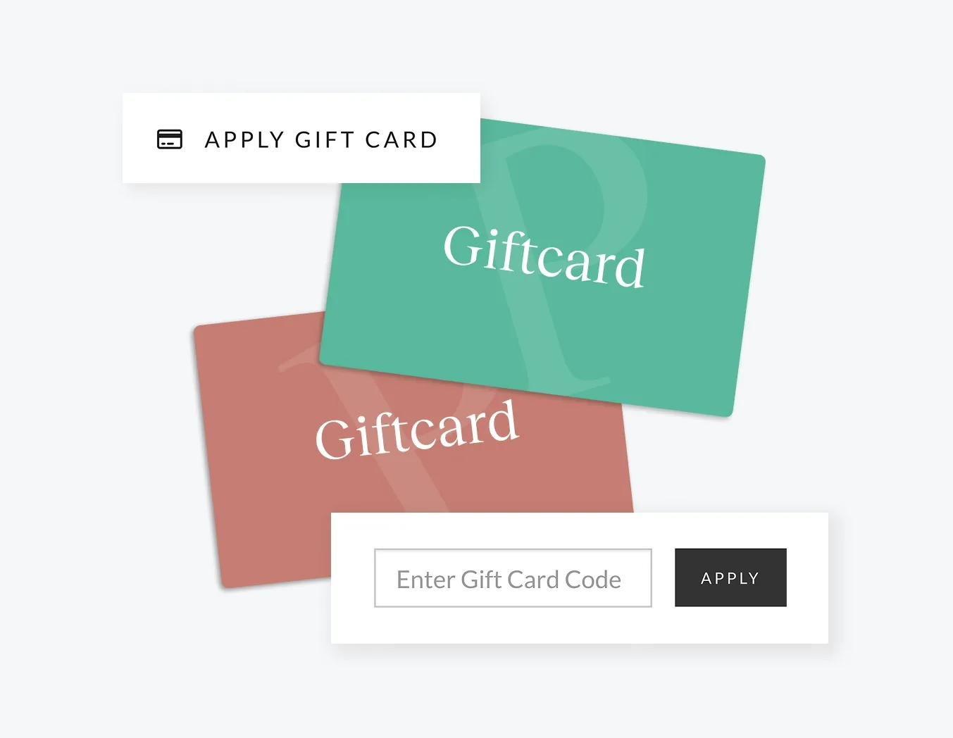 Illustration of digital gift cards in assorted colors with an “Apply Gift Card” field and entry box for gift card codes on a Pixieset online store.