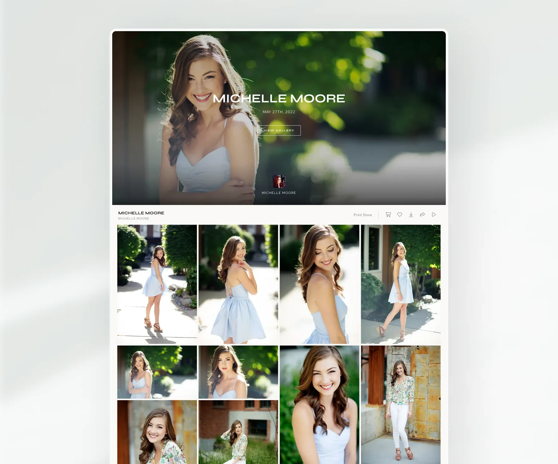 Senior portrait gallery for Michelle Moore featuring bright, natural light photography with multiple images of a smiling young woman in outdoor settings; includes gallery cover photo, photo grid layout, and options for print store, favorites, and social sharing.