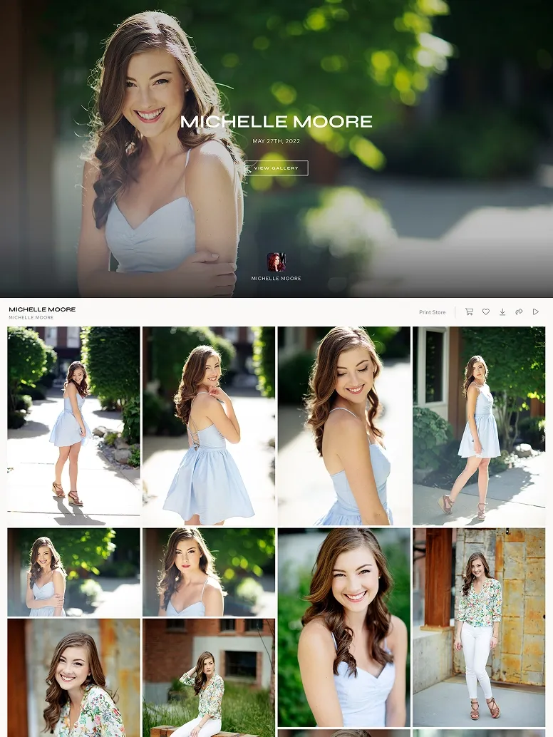 Natural light portrait photography of Michelle Moore featuring bright outdoor settings, soft backgrounds, and elegant casual style.