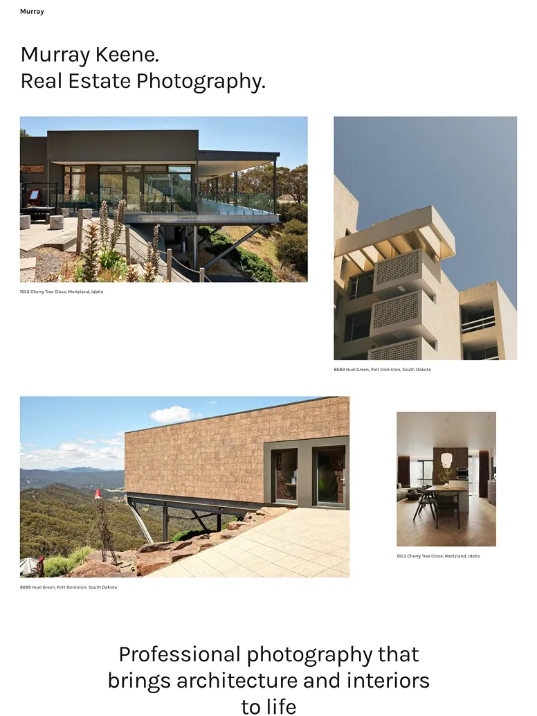 Real estate photography website theme with modern architecture, interior design imagery, and professional property showcase layout.