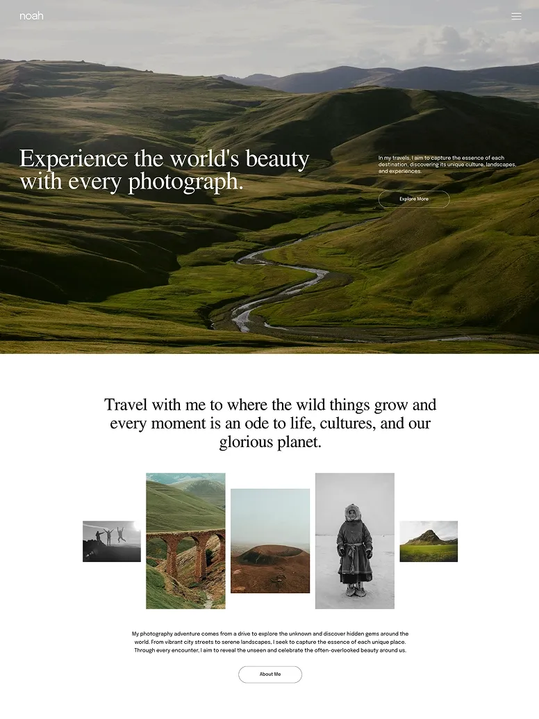 Travel photography website template celebrating landscapes, cultural photography, and global adventure imagery.