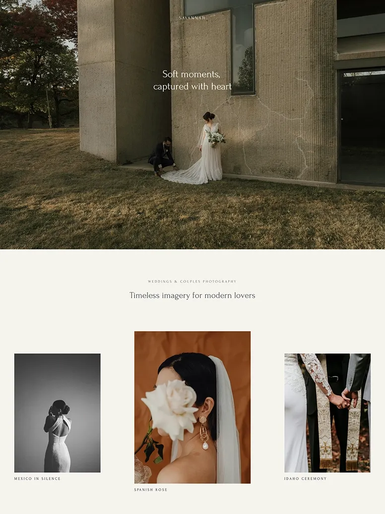 Elegant wedding photography website template featuring romantic outdoor couple portraits, fine art bridal details, and timeless wedding moments.