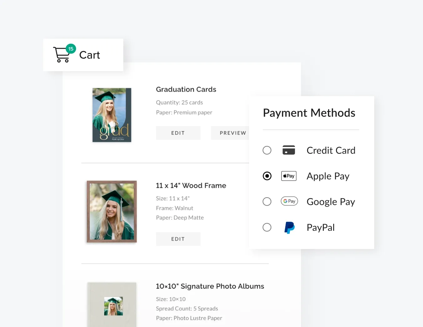Pixieset Store makes it easy for photographers to get paid with flexible checkout options, like this photo order showing payment by credit card, Apple Pay, or PayPal.