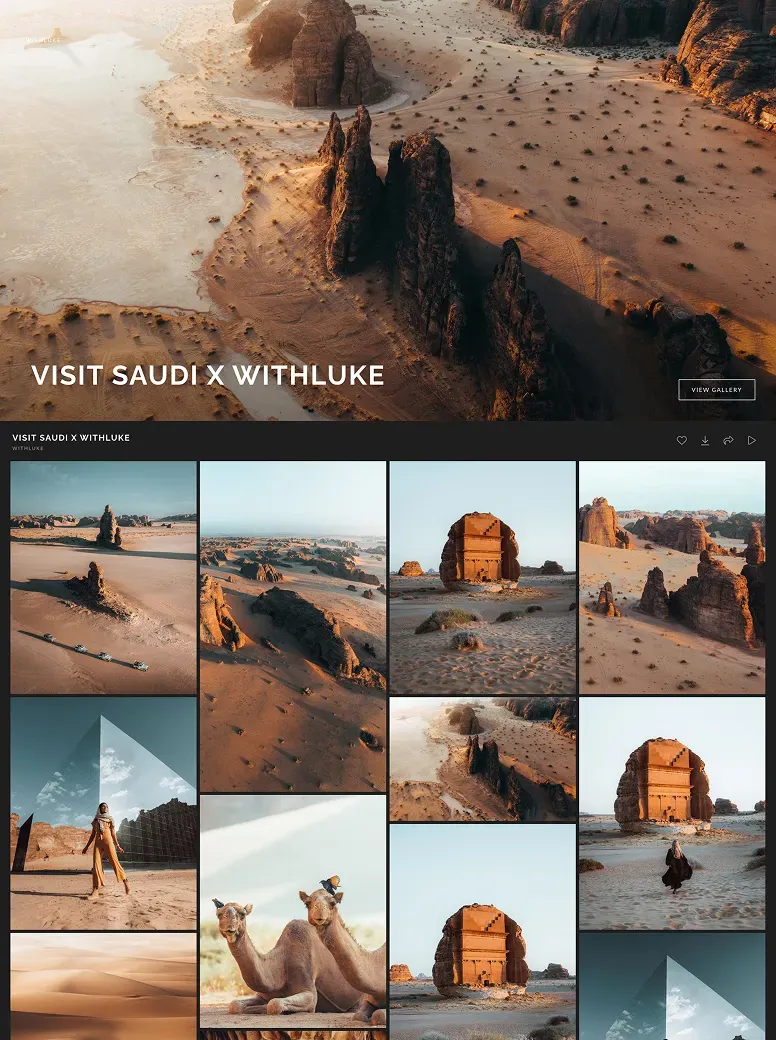 Saudi Arabia travel photography featuring AlUla’s sandstone rock formations, ancient Nabatean tombs, camel caravans, and golden desert dunes.