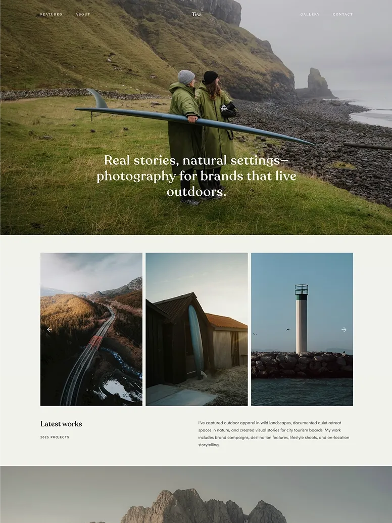 Scenic travel and landscape photography website design highlighting dramatic mountains, coastal vistas, and architectural landmarks.