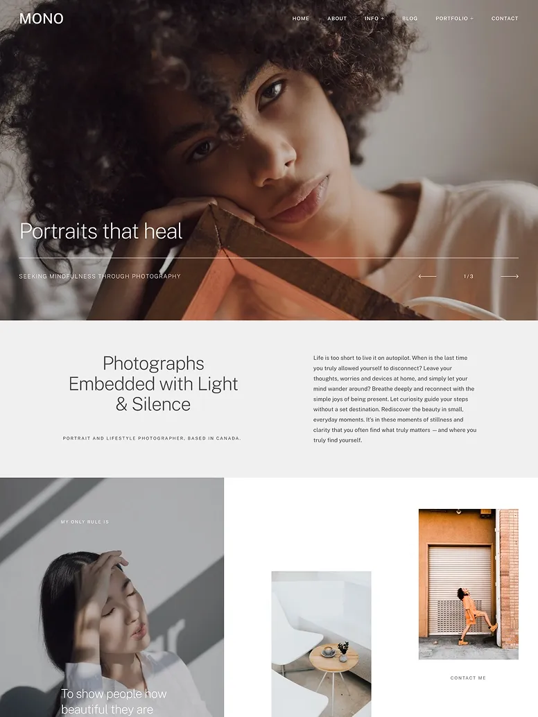 Minimalist portrait photography website design with artistic, emotional lifestyle imagery for creative and fine art photographers.