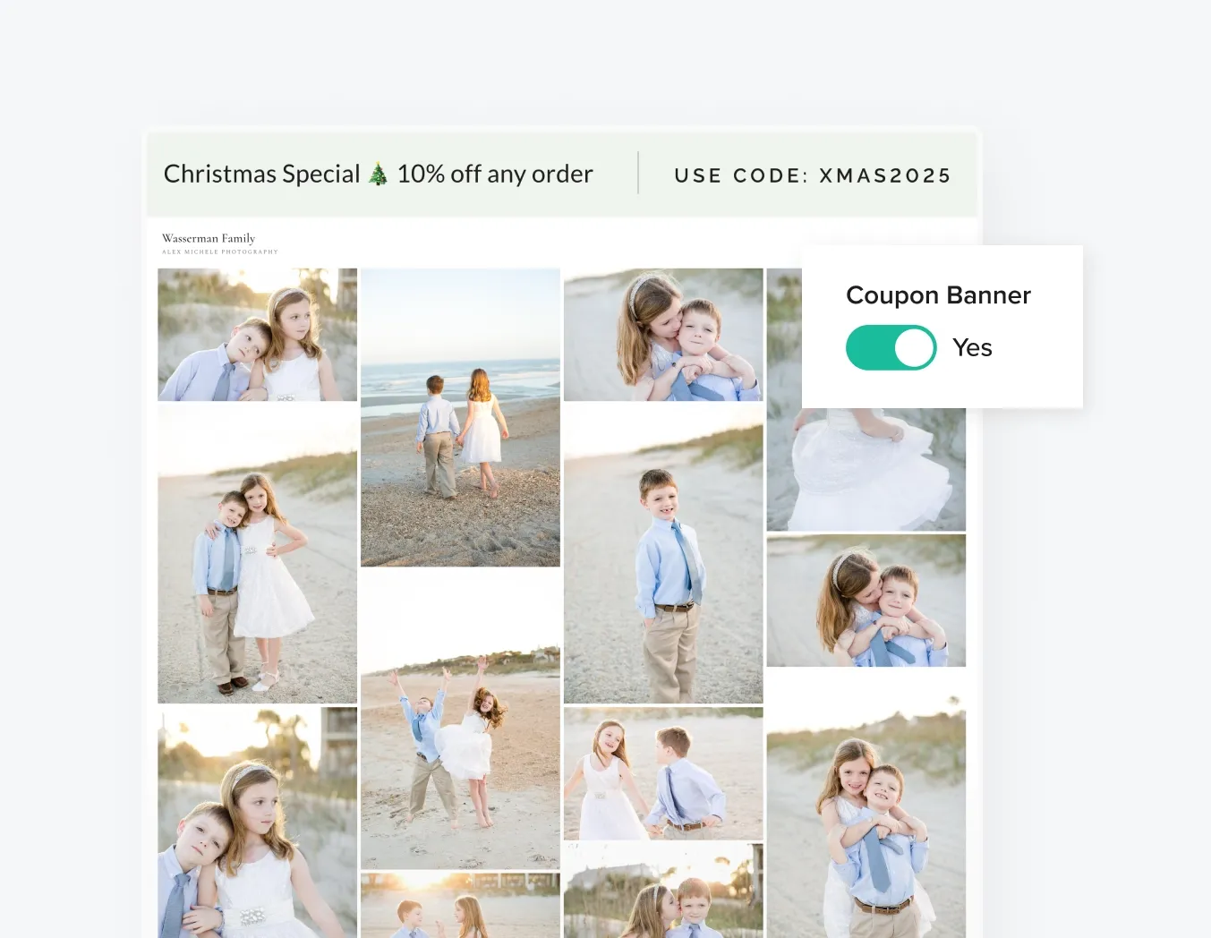 Client gallery preview with active holiday coupon banner offering 10% off any order, featuring a mother and daughter in a cozy indoor photo session.