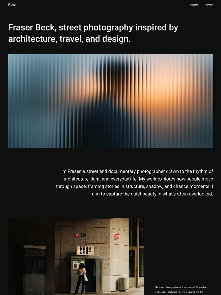 Moody, cinematic photography website design for documentary and storytelling photographers capturing atmospheric moments.