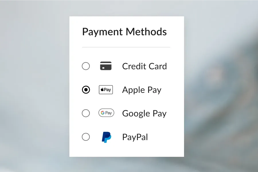 Payment methods interface with options for credit card, Apple Pay, Google Pay, and PayPal.