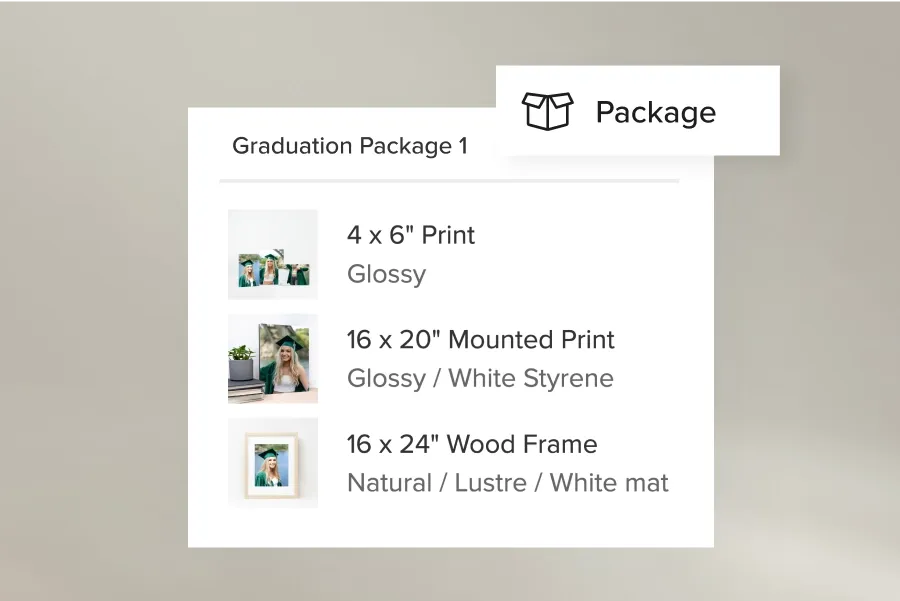 Graduation photo print package details showing print sizes and framing options.