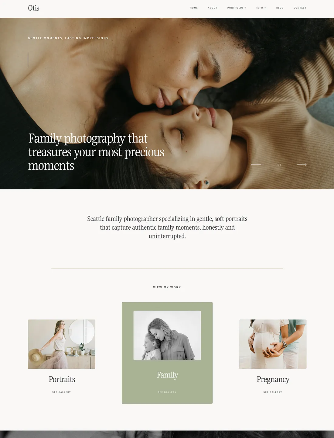 Family photography website with soft, natural portraits showcasing parent-child connection, featuring a warm, minimal design.
