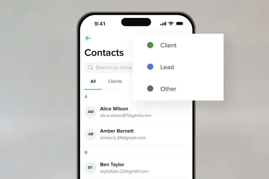 Pixieset mobile contacts list sorted by client status with options for clients, leads, and others