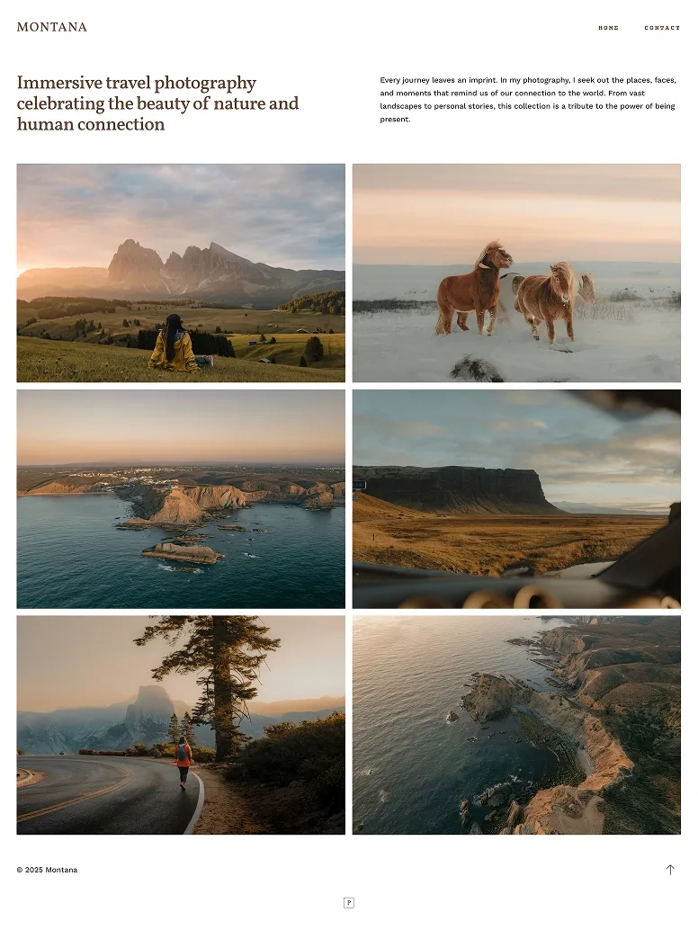 Scenic travel photography portfolio website template highlighting breathtaking landscapes, adventure photography, and nature-inspired storytelling.