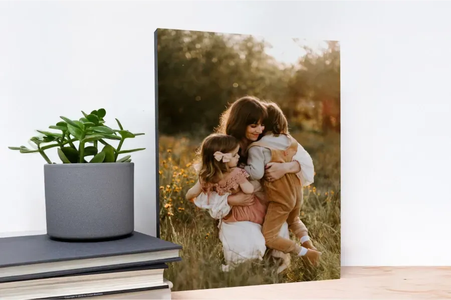 Mounted canvas print of two young children embracing outdoors in golden hour light.