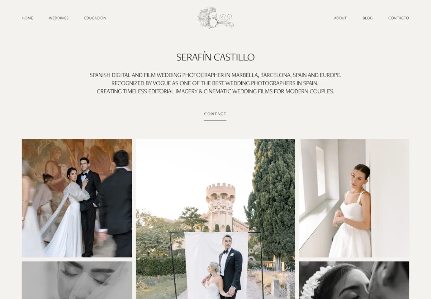 Refined wedding photography website in Spanish, featuring a monochrome photo of a photographer capturing a bride mid-movement in natural light.