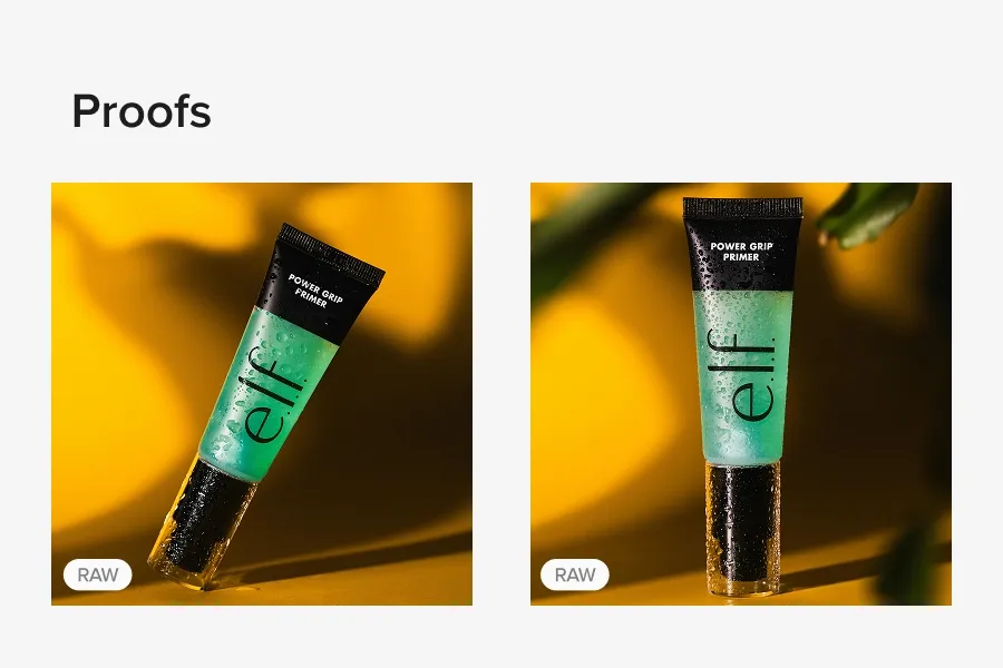 Side-by-side product proof previews for e.l.f. cosmetics photo shoot on Pixieset